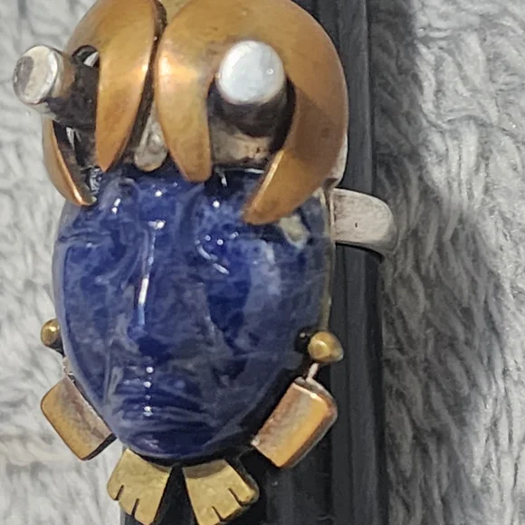 Taxco Blue Lapis Face Ring Sz 7.5 950 Silver Mixed Metal Accents Handmade Artist - Picture 8 of 12